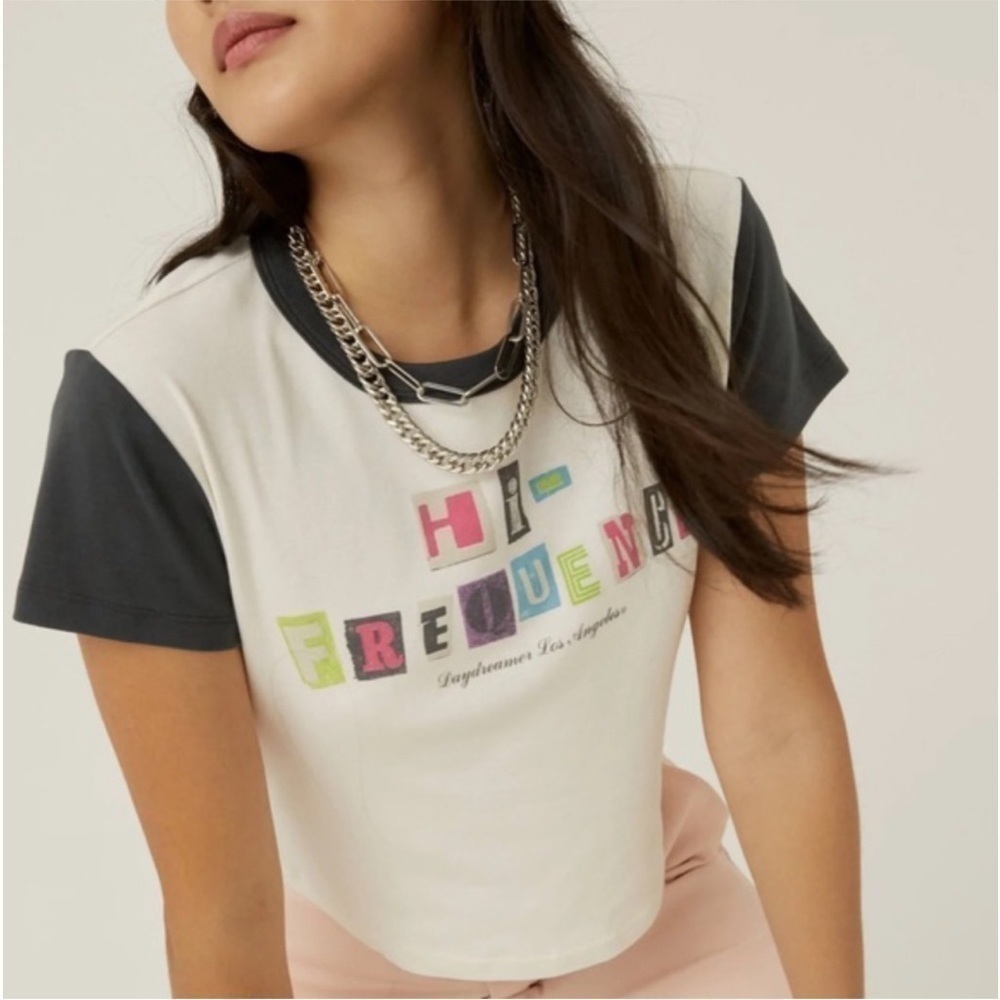NWT Daydreamer REVOLVE Cotton Tee Women's White Baseball T Shirt "Hi frequency"
